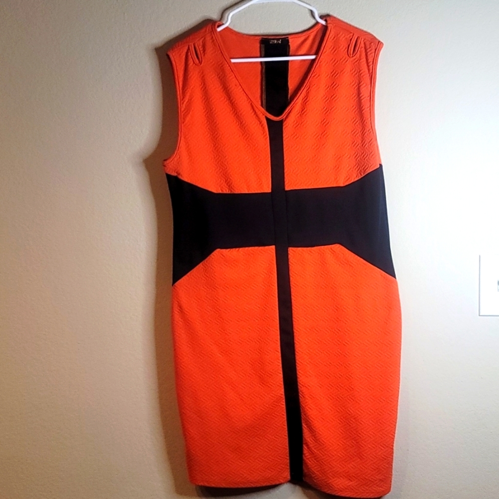 Orange with black detail top of the knee dress.  New without tags